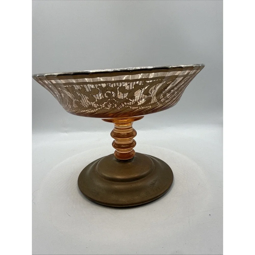 Vintage Fostoria Royal Style Amber Etched Glass Compote Or Candy Footed Bowl
